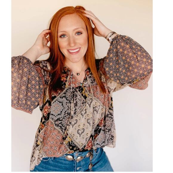 Maurices Medium Boho Patchwork Blouse Bubble Sleeves Lined Peasant Top Cottage - Picture 1 of 14